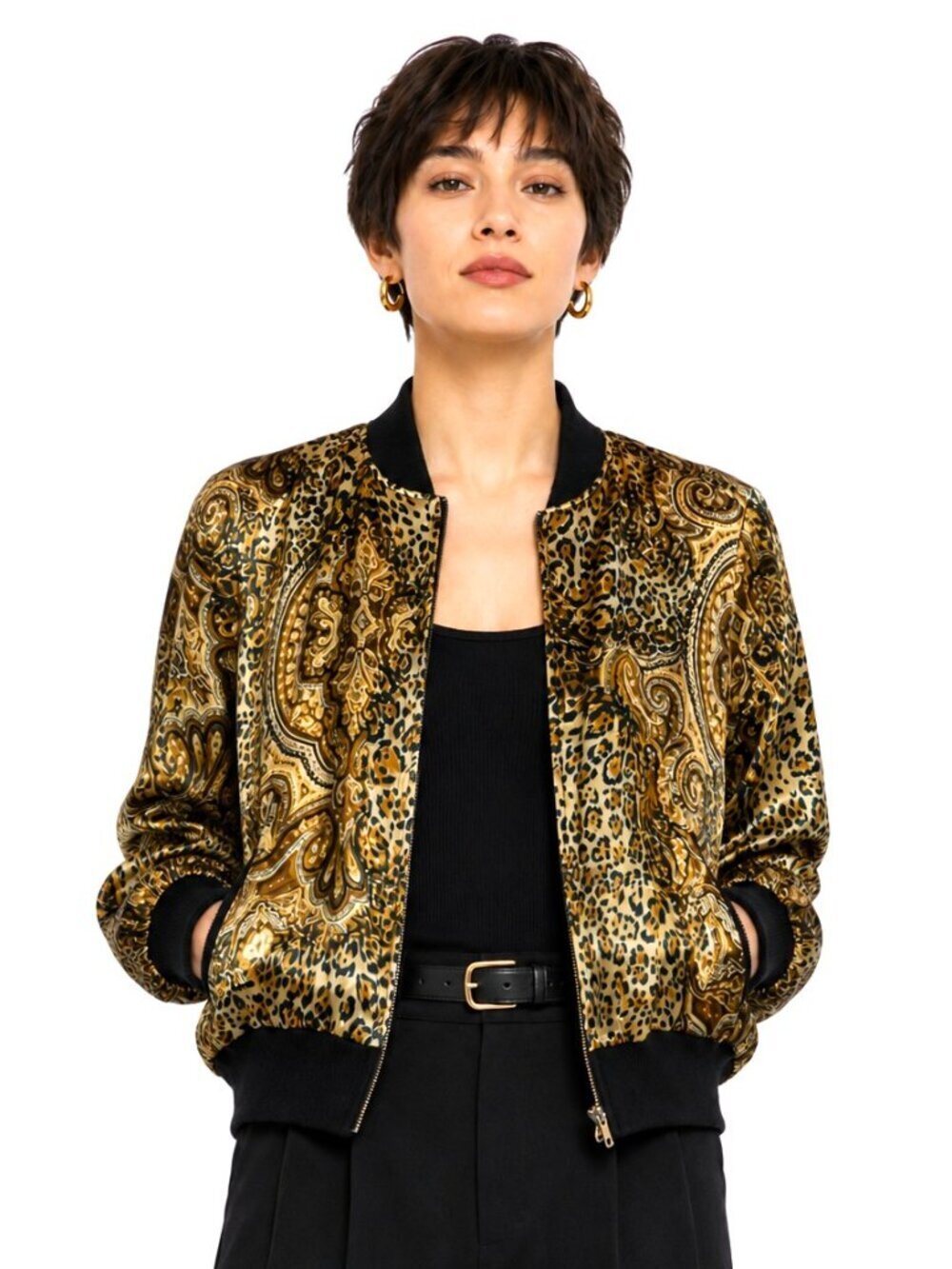 Allison Taylor Petite Animal Print Silk Bomber Jacket